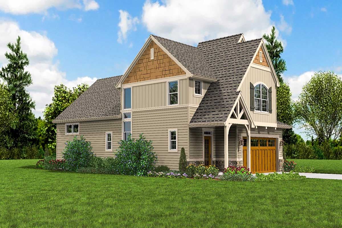 House plan exterior: Two-story Modern Farmhouse with gabled roof, dormers, covered porch, and side-entry garage.