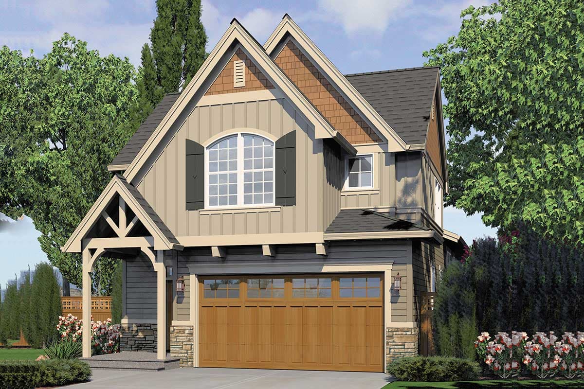 House plan exterior rendering. Two-story Craftsman with gabled roof, arched window, and front-facing garage with wood-paneled door.