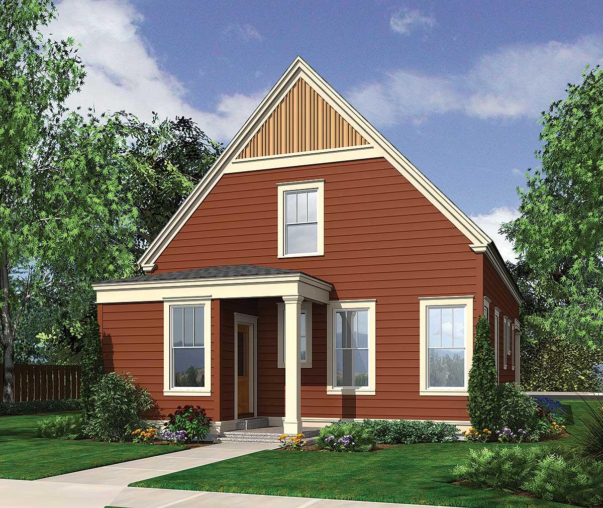 House plan exterior: Two-story home with gable roof, prominent triangular dormer, covered entry porch supported by columns, and clapboard siding.