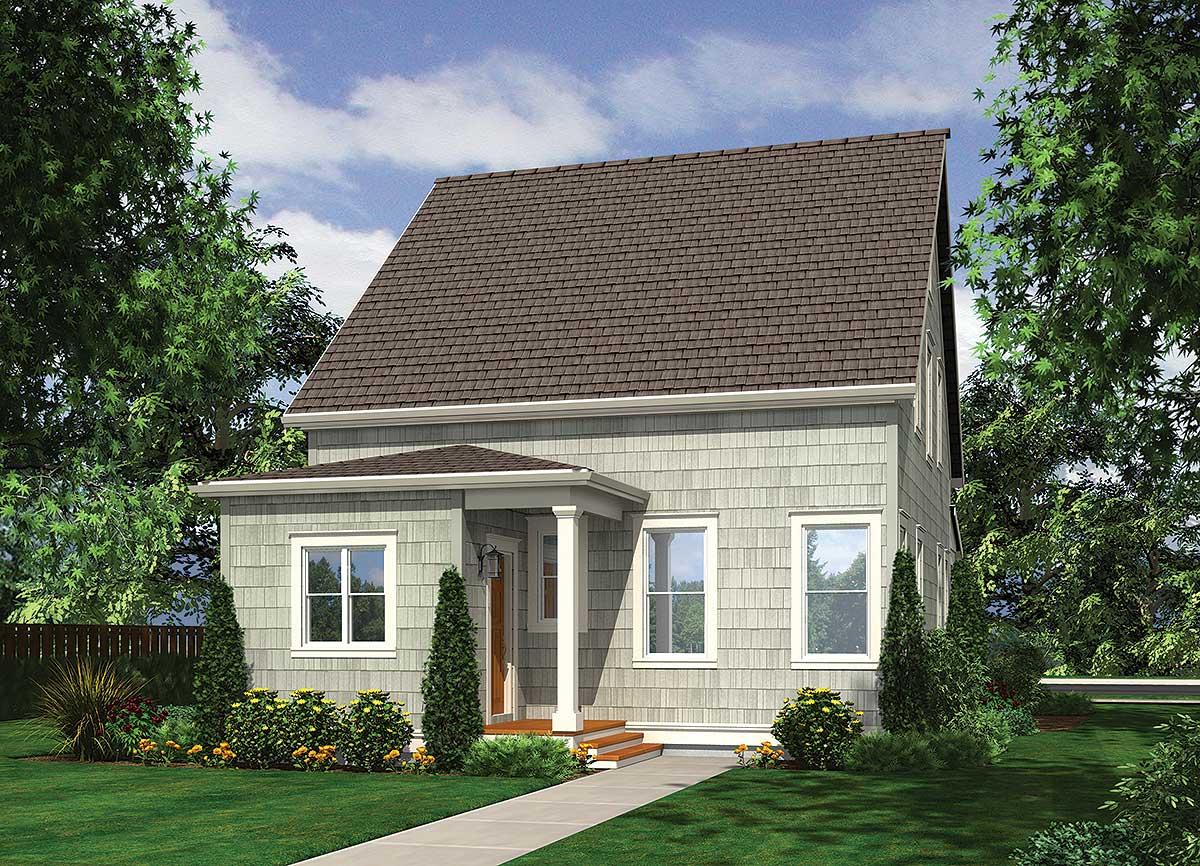 House plan exterior: Two-story home with shingle siding, a covered entry porch supported by columns, and a steep gable roof.