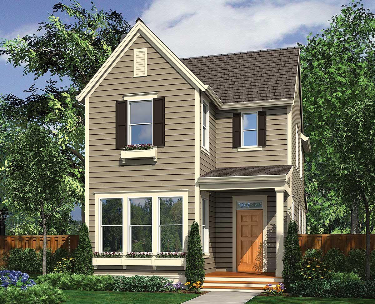 House plan exterior. Two-story Craftsman home with gabled roof, window shutters, and front porch with pillars. Features dormer and flower boxes.