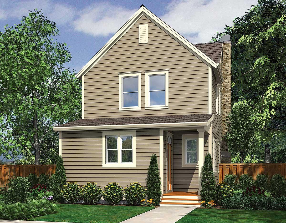 House plan exterior: two-story home with a gable roof, vinyl siding, stone chimney, and a covered front porch.
