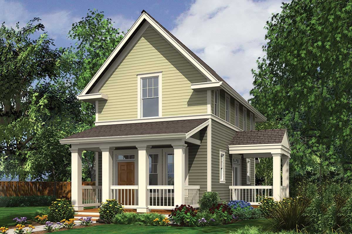 House plan exterior: Two-story home with full front porch, gabled roof, and horizontal siding.