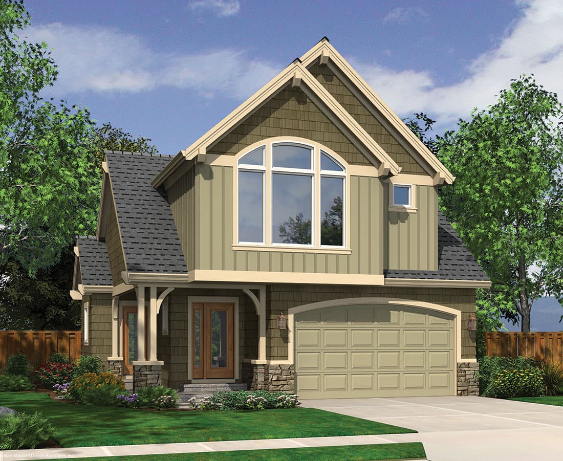 House plan exterior of a two-story home with a gabled front, arched garage door, covered entry with stone pillars, and a large arched window.