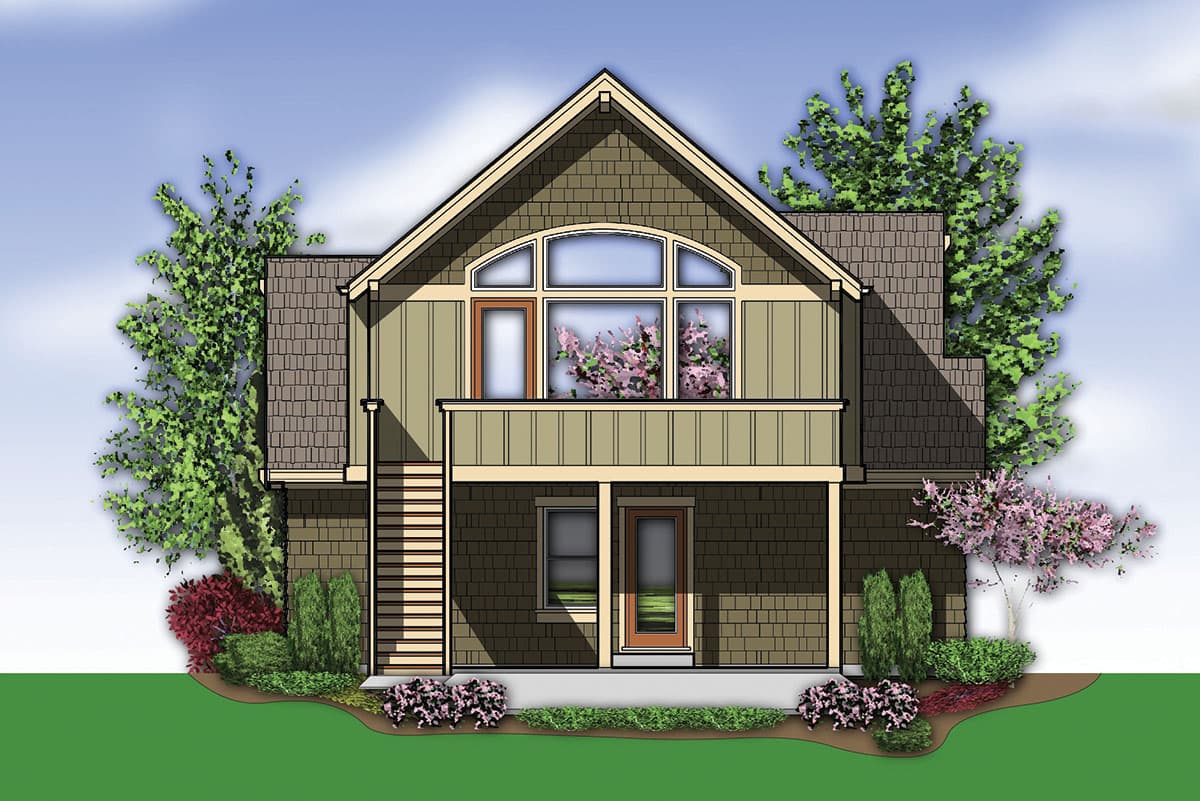House plan exterior with arched window, balcony, and prominent gables.