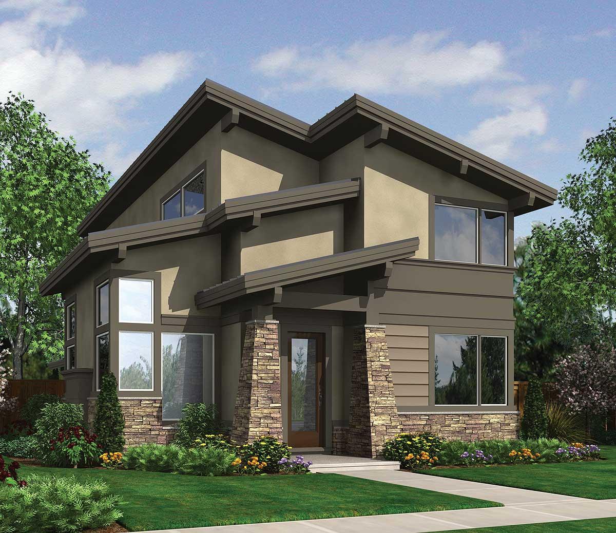 House plan exterior: Modern style, two stories, stone-clad entryway, deep eaves, and band of windows.