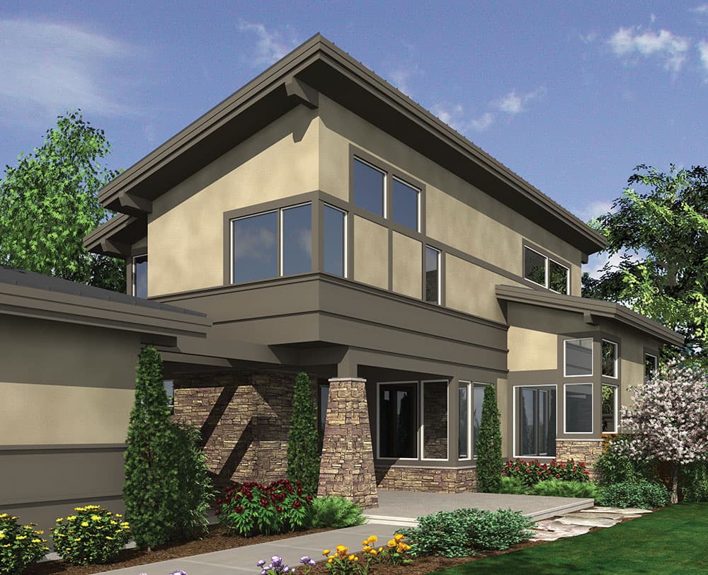 House plan exterior: Two-story contemporary home with stone accents, large windows, prominent rooflines, and covered entryway.