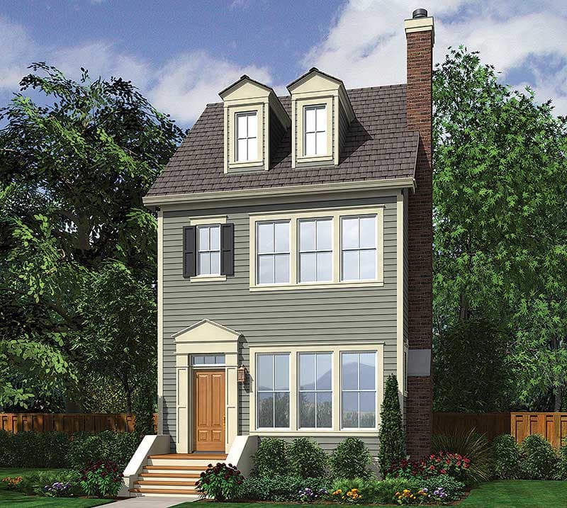 House plan exterior: Tall, two-story home with dormers, brick chimney, and a central entry with a portico.