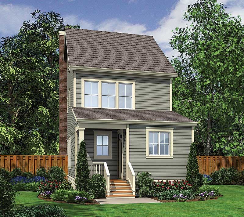 House plan exterior of a two-story home with a covered entry porch, gabled roof, and brick chimney.