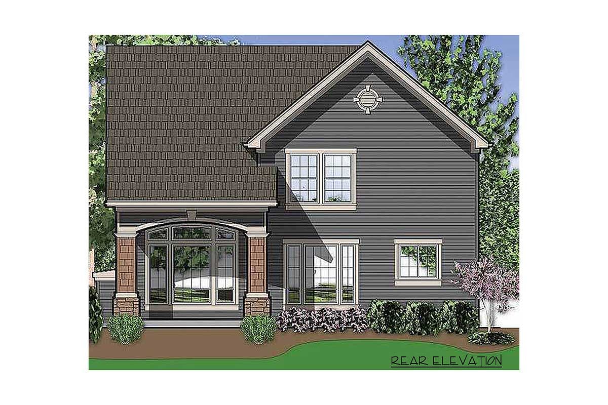 Rear elevation of a two-story house plan with a covered arched entryway, multiple gables, and dark siding.