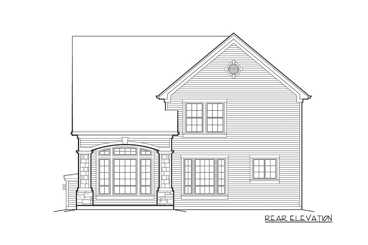 Rear elevation of a two-story house plan featuring a covered porch with stone columns and a prominent gable with a circular vent.