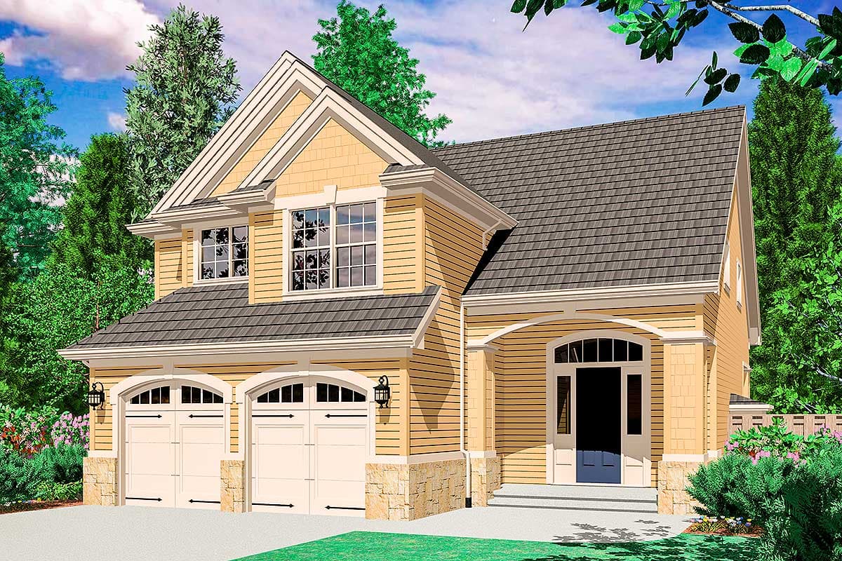 Two-story house plan exterior with a side-entry garage, arched dormers, and a covered front entryway with columns.