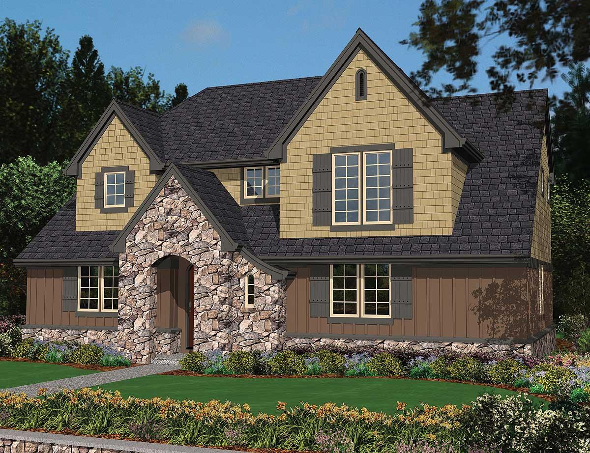 House plan exterior with stone entryway, dormers, and shake and board siding. Two stories with a dark roof.
