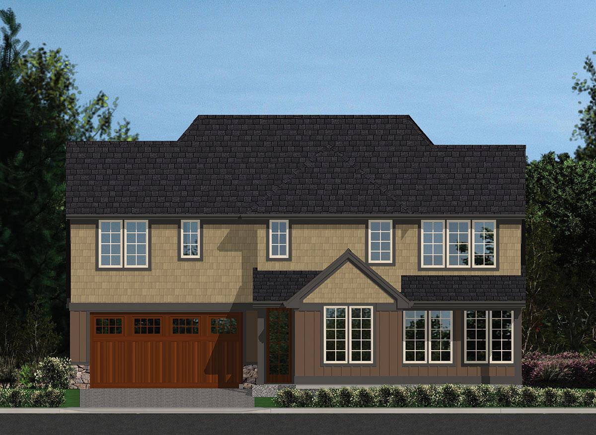 Two-story house plan exterior with shingle siding, multiple gables, and a wood garage door.