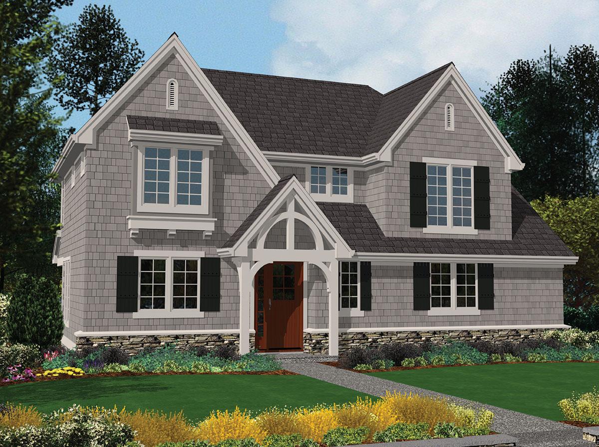 House plan exterior: two-story home with shingle siding, arched portico, bay window, dormers, and stone foundation.