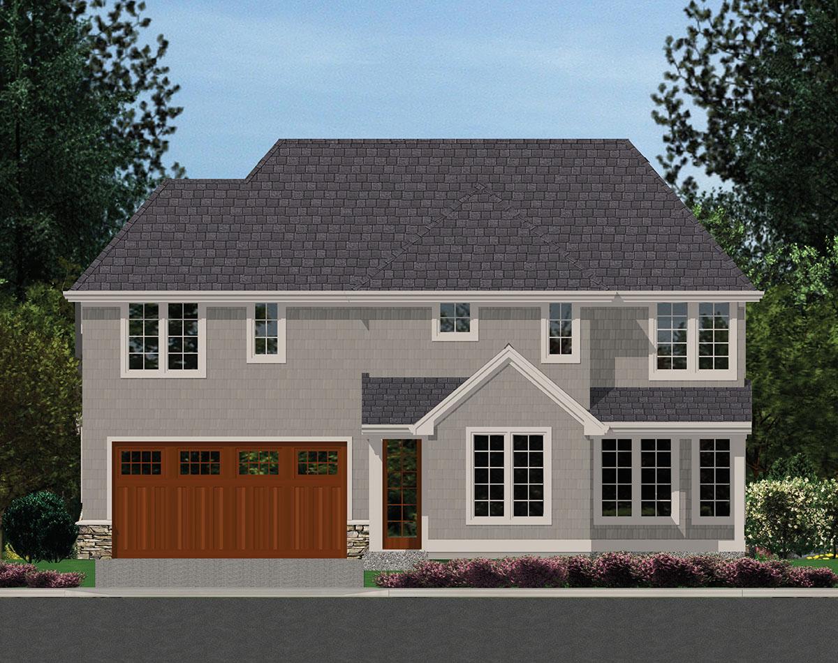 House plan exterior: Two-story home with attached two-car garage, gable rooflines, and prominent dormer.