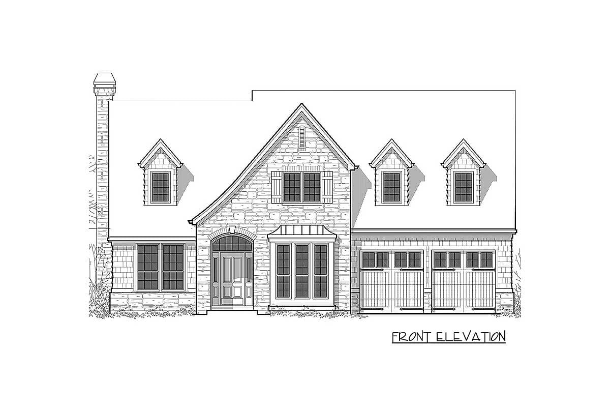 Front elevation house plan with stone facade, arched entry, dormers, and a three-car garage.