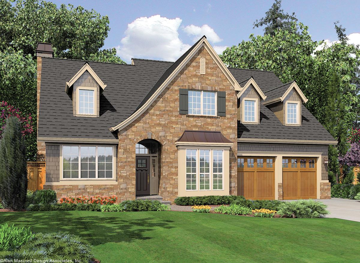 House plan exterior: two-story stone and siding home with arched entryway, dormers, bay window, and double garage.