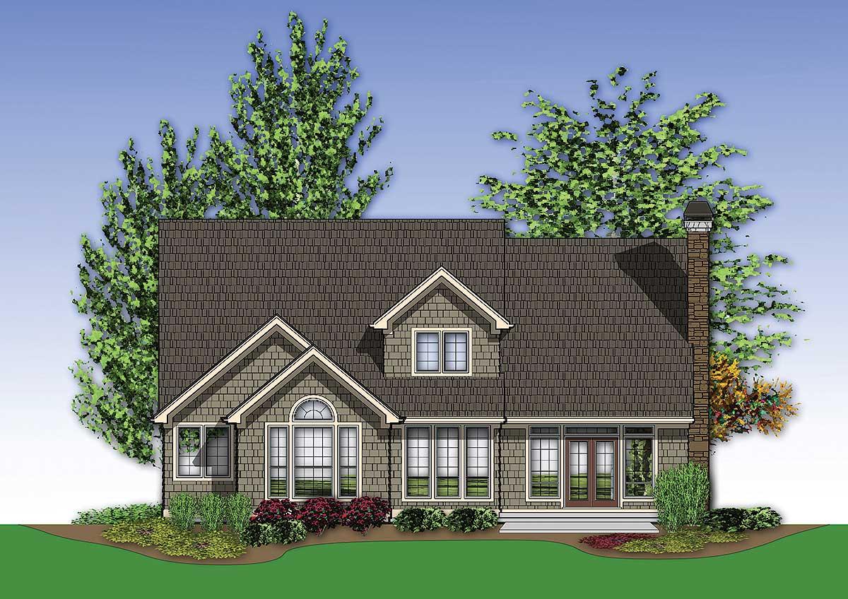 House plan exterior: Traditional style, two stories, featuring a prominent gable with arched window, dormer, and stone chimney.