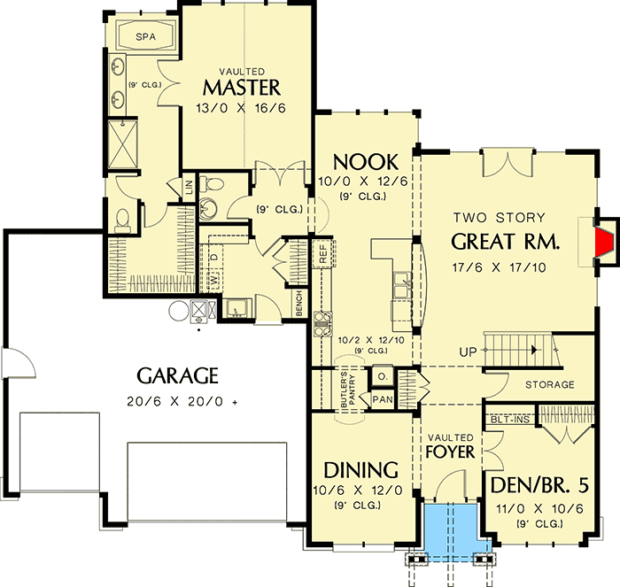 Plan 69433AM: Tall, Dark & Handsome - in Two Versions - Floor Plan - Main Level - Country, Craftsman, European, Tudor