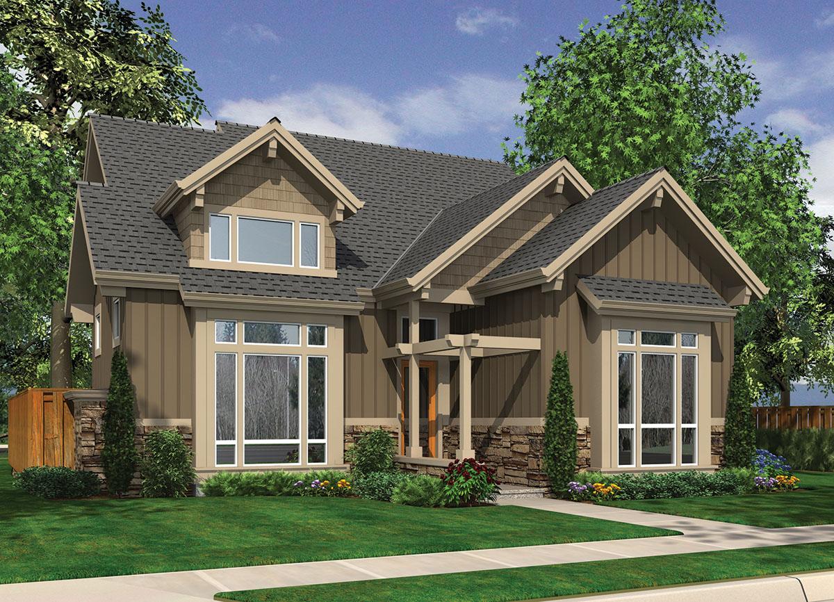 House plan exterior: Craftsman style, two stories, with multiple gables, stone and wood siding, and a covered entryway.