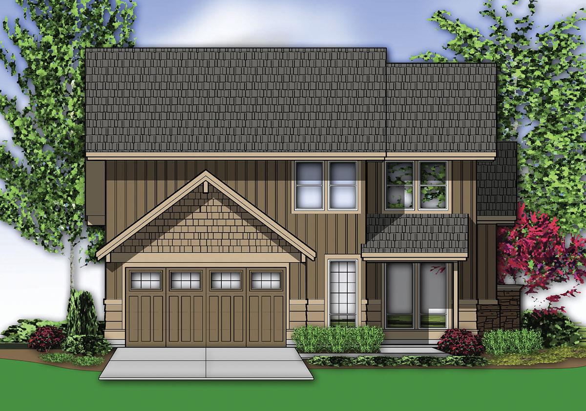 House plan exterior featuring a two-story design with a prominent gable, shake siding accent, and a three-car garage.