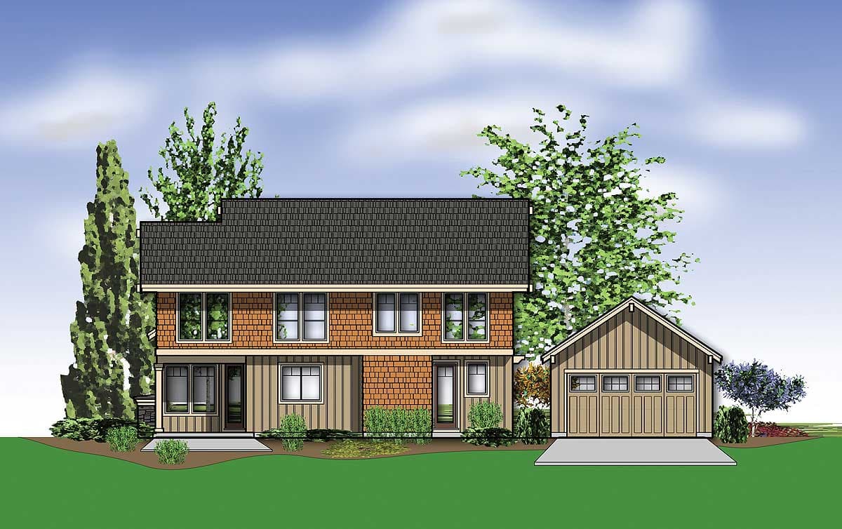 House plan exterior: two-story dwelling with attached garage. Features include brick veneer, multiple windows, and a shingle roof.
