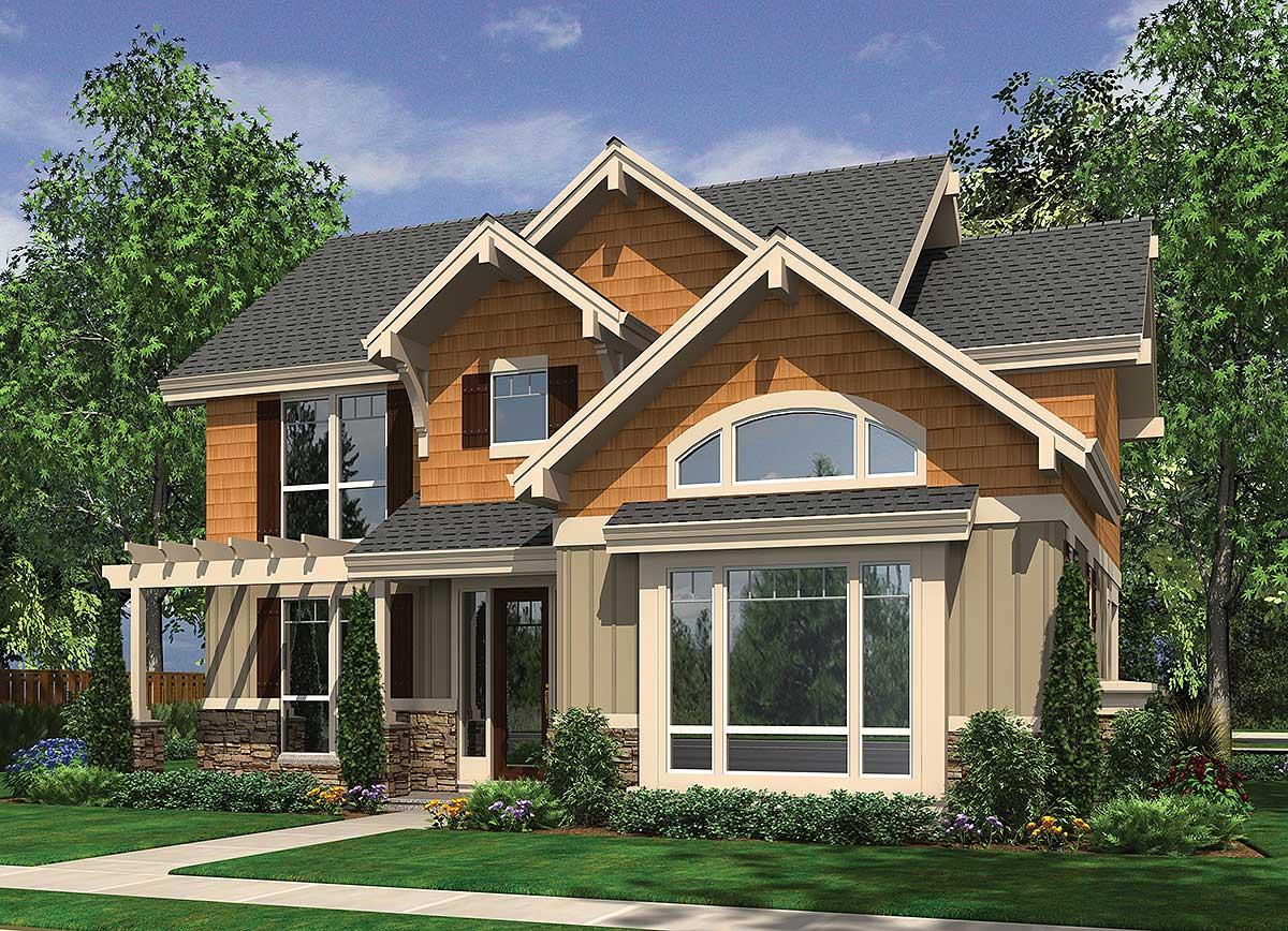 House plan exterior. Craftsman-style, two-story home with a pergola-covered porch, gabled rooflines, and a prominent arched window.