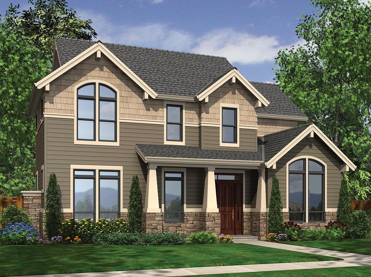House plan exterior of a two-story home with stone and shingle accents, arched windows, and a covered front porch.