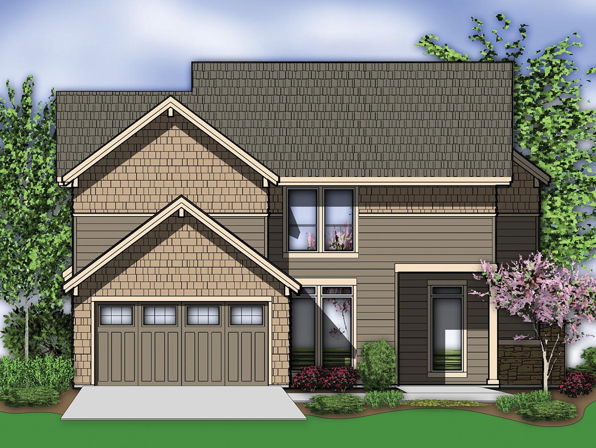 Two-story house plan exterior with a two-car garage, gable rooflines, shingle and horizontal siding, and a covered entry.