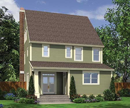 Two-story house plan exterior with a prominent brick chimney, covered entry porch with columns, and a steeply pitched roof.