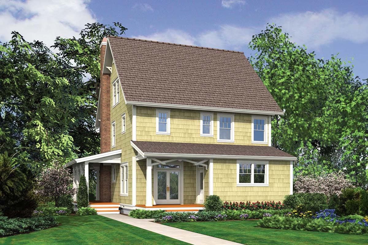 House plan exterior: Two-story home with hip roof, brick chimney, side porch, and gable dormers.
