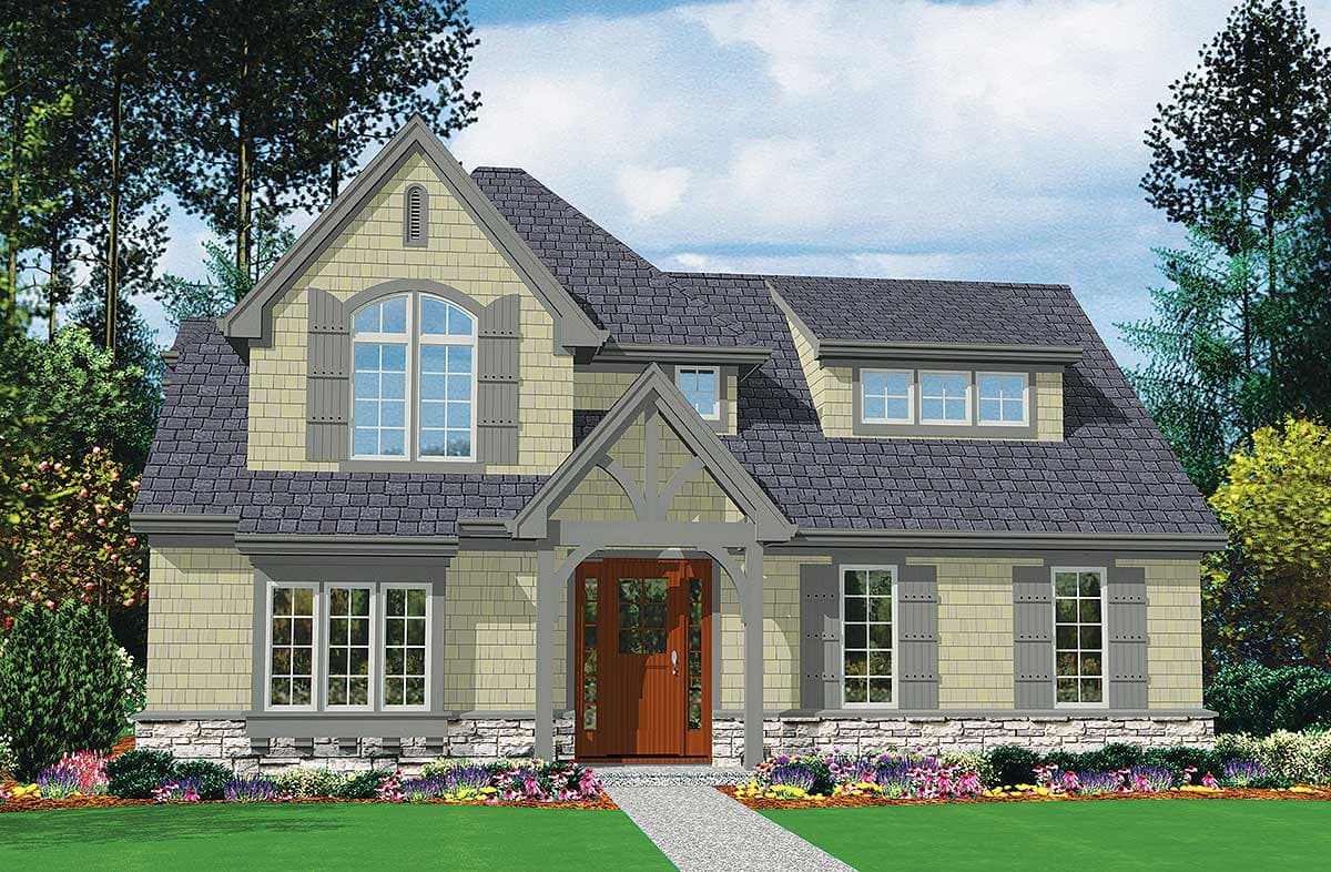 House plan exterior: Two-story Craftsman style with gabled dormers, stone foundation, decorative brackets, and arched window.