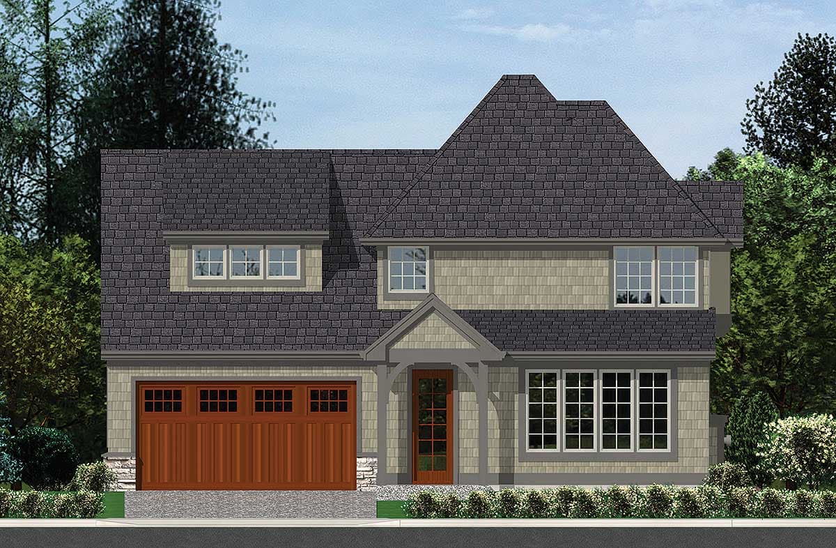 House plan exterior: Two-story home with prominent gables, side-entry garage, and arched entry porch.