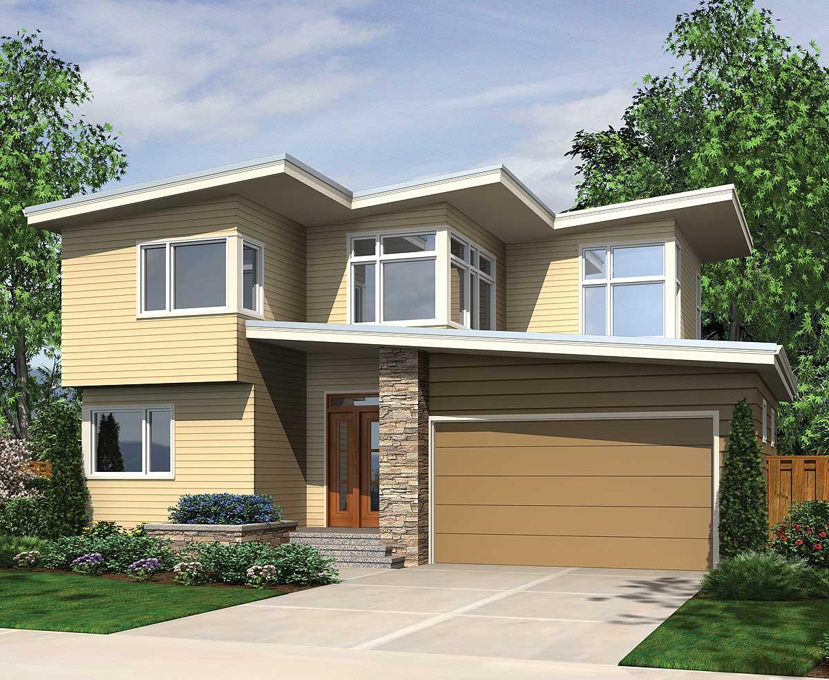 Modern house plan exterior: two stories, hip roof with wide eaves, prominent stone-clad entryway, and attached garage.