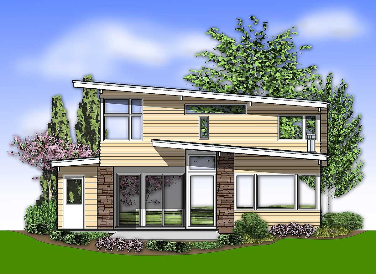 Exterior house plan, two stories, features overlapping rooflines, horizontal siding, stone accents, and large windows.