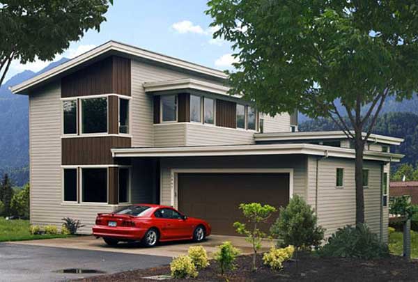 Modern house plan exterior with a two-car garage, asymmetrical gables, and mixed siding.