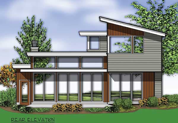 Rear elevation house plan with a modern style, large windows, and a sloped roofline.