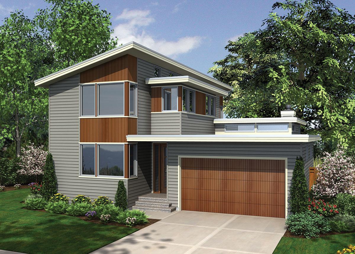 House plan exterior with two stories, a flat roof, and a wood-paneled garage door. It features large windows and wood accents.
