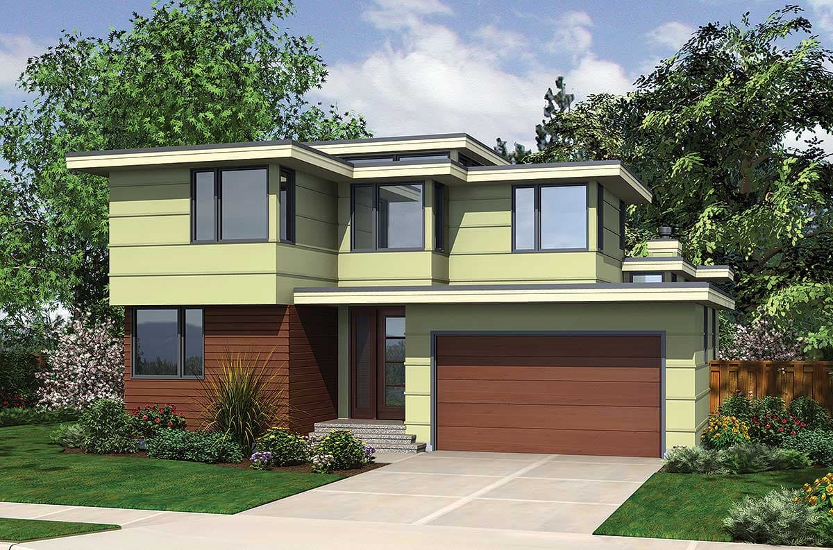 House plan exterior with two stories and a modern style. Features include flat rooflines, a garage, and large windows on the facade.