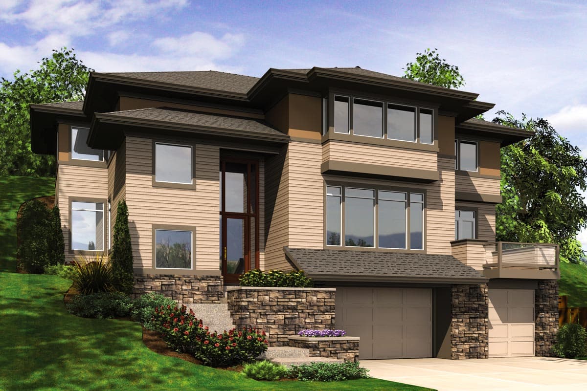 House plan exterior, two-story contemporary home with stacked stone accents, multi-level rooflines, and large windows.