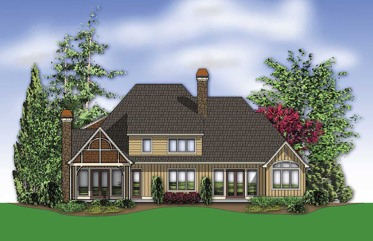 House plan exterior with stone chimneys, gabled dormers, and a covered porch with decorative brackets.