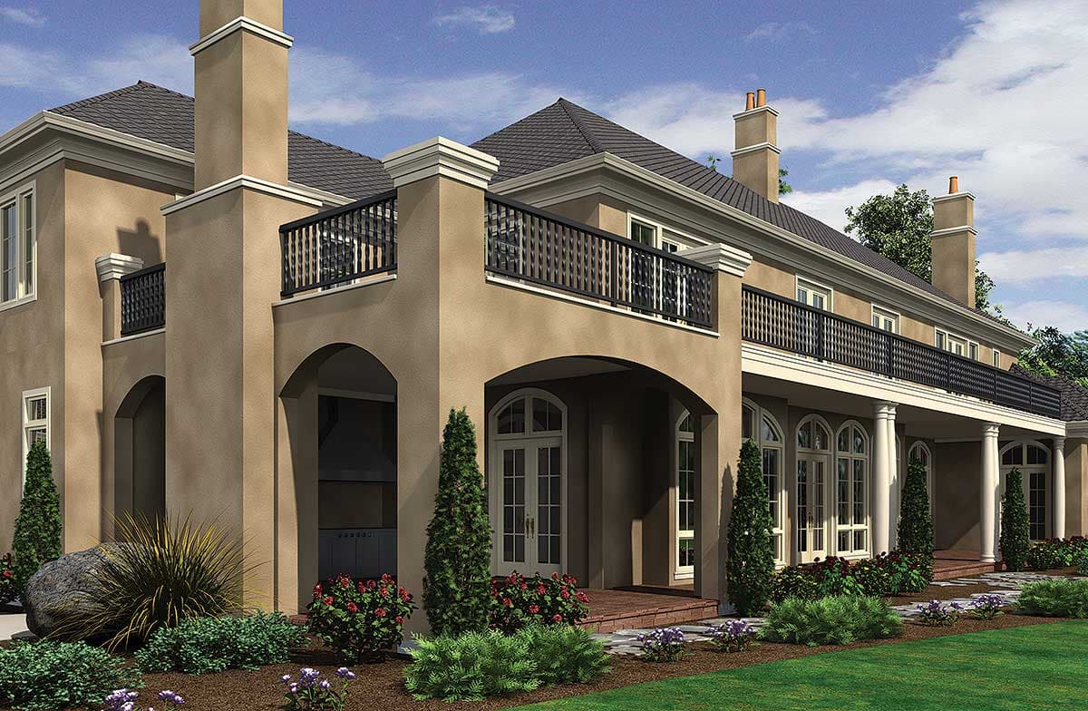 Two-story house plan exterior with arched loggias, balconies, numerous chimneys, and classical columns.