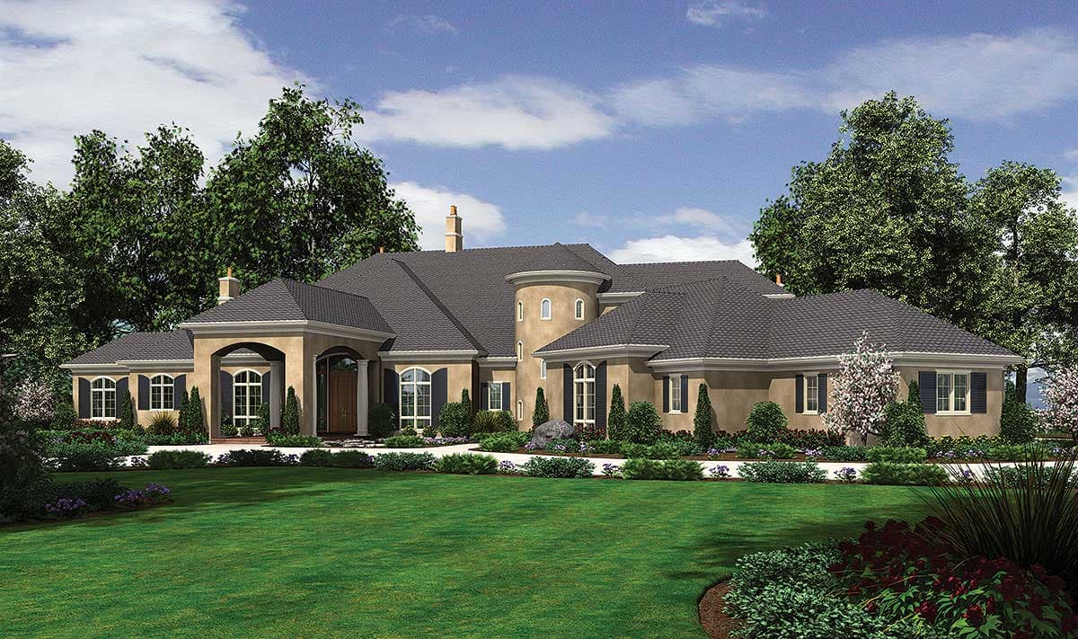 House plan exterior with a stucco finish, a circular tower, arched entryway, and multiple gables.