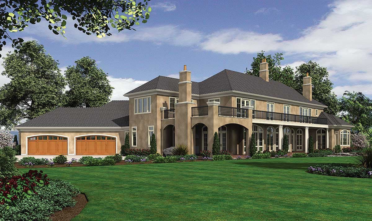 House plan exterior: Large two-story home with a central balcony, arched windows, and a three-car garage.