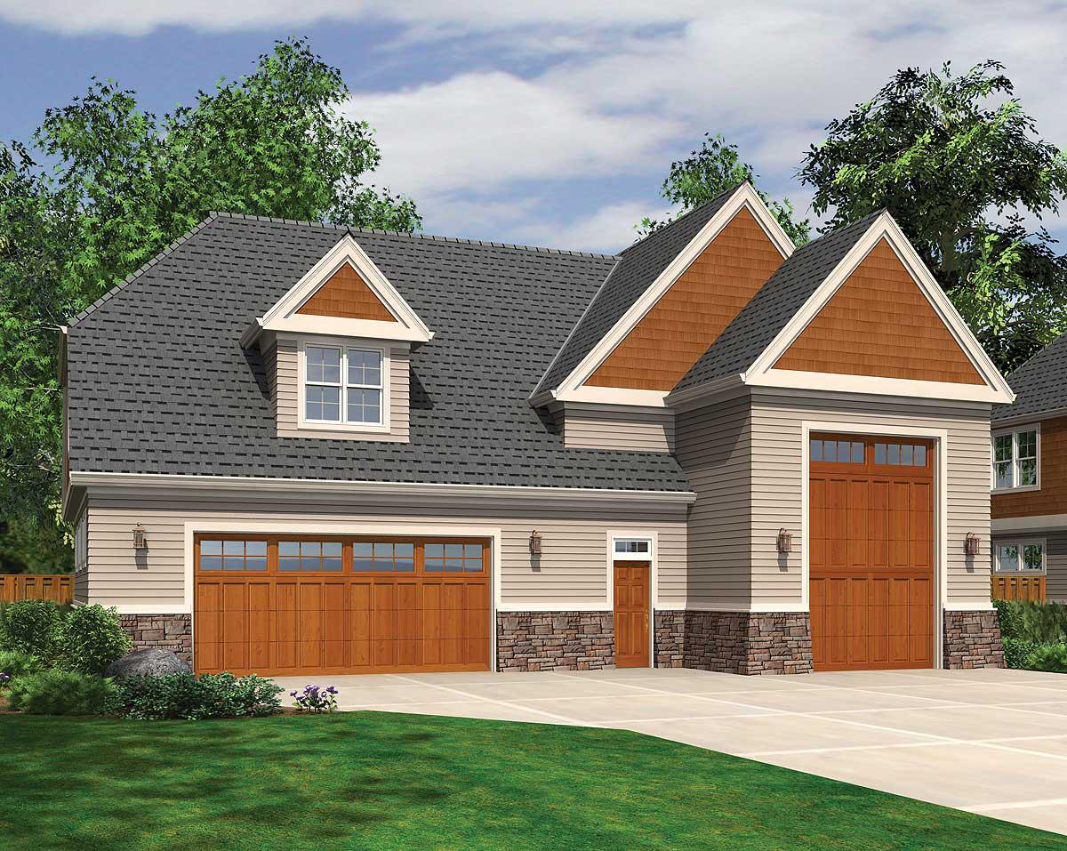 House plan exterior shows a two-story structure with gable dormers, shake siding accents, stone base, and two wooden garage doors.