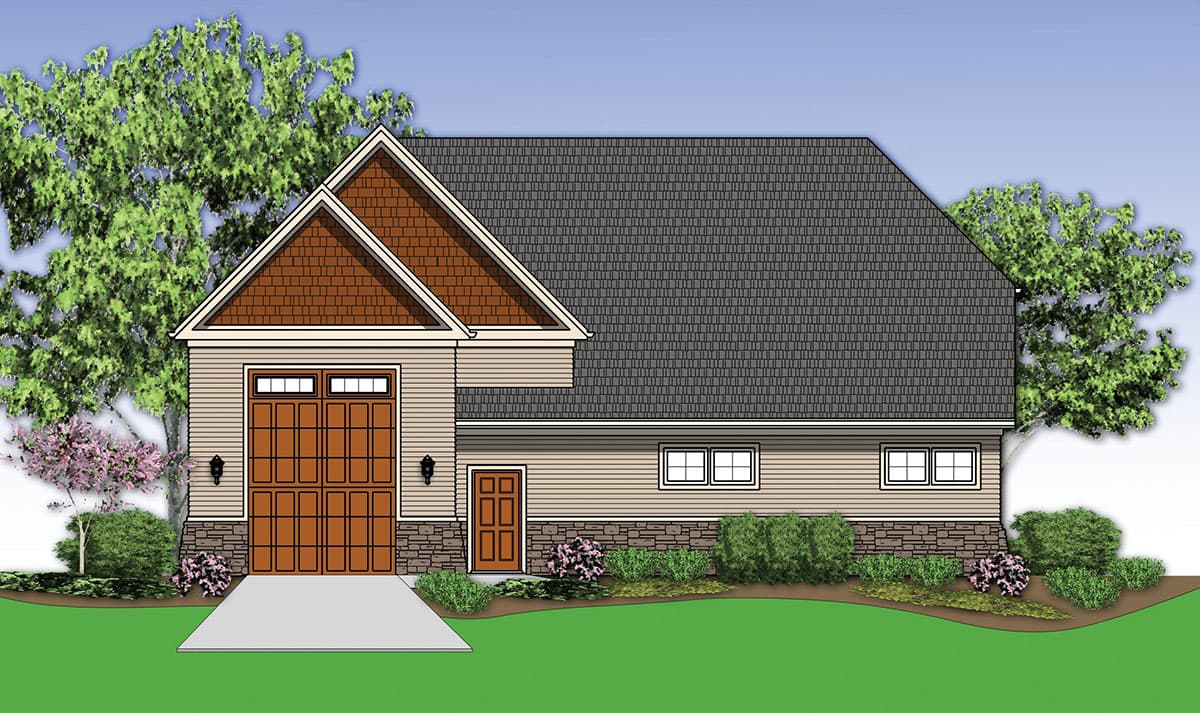 House plan exterior: Contemporary style with double garage, shingle-clad gables, stone accents, and multiple windows.