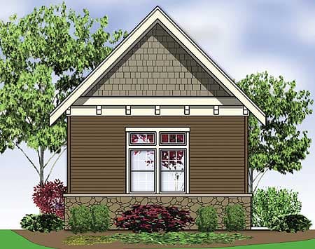 House plan exterior: Craftsman style, one story, stone foundation, horizontal siding, gabled roof with shingles.