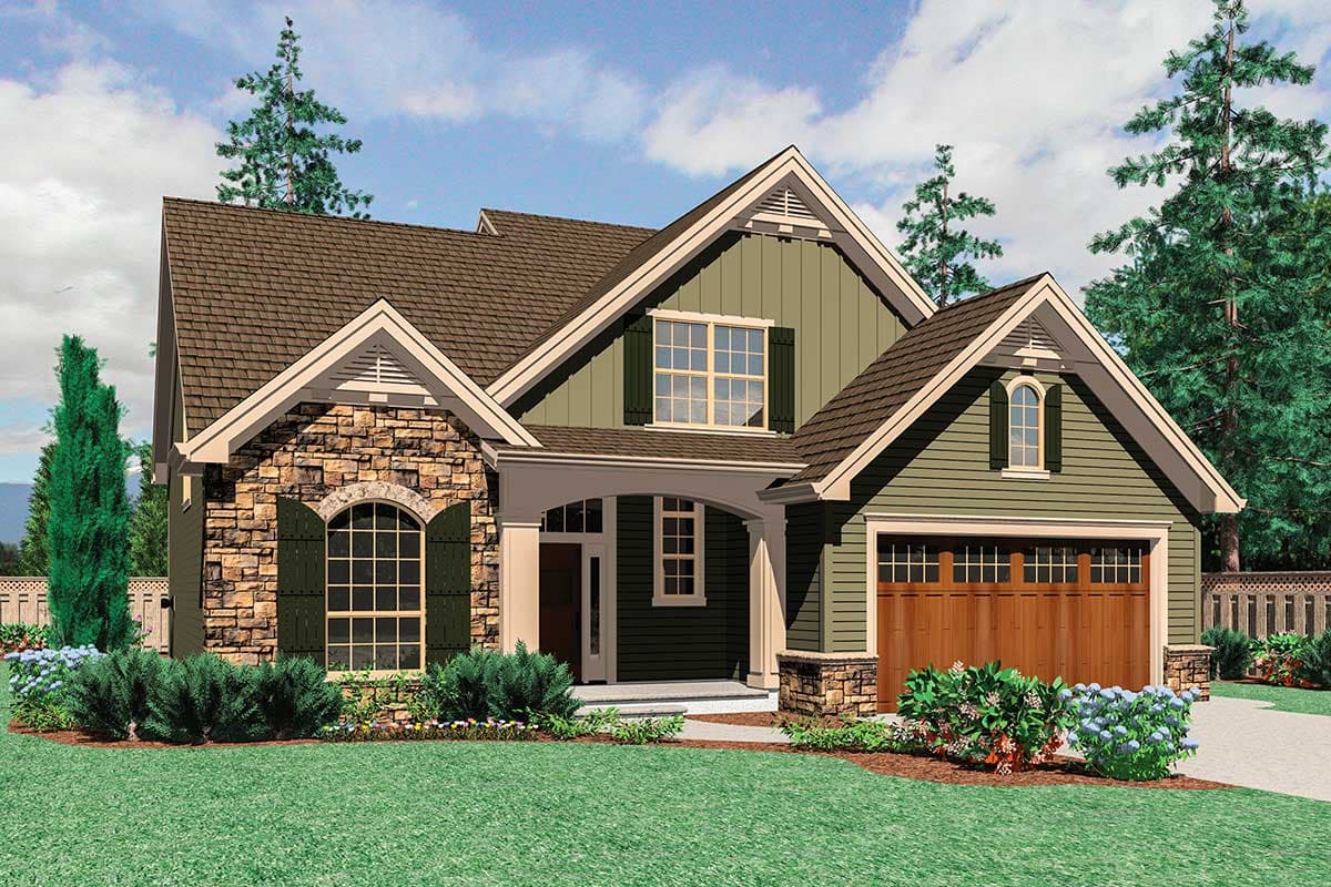 House plan exterior: Two-story Modern Farmhouse with stone accents, prominent gables, covered entry, and two-car garage.