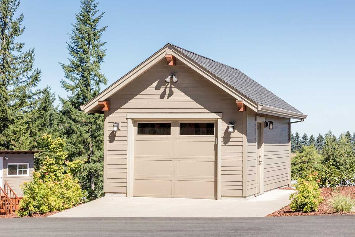 House plan exterior featuring a Craftsman-style garage with a gabled roof, horizontal siding, and decorative wood corbels. Includes a side entry door.